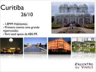 Curitiba
              26/10
- 1,8MM Habitantes;
- Primeiro evento teve grande
repercussão;
- Terá total apoio da ABS-PR
 