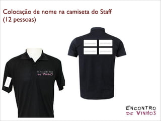 Colocação de nome na camiseta do Staff
(12 pessoas)


                            patrocinador   patrocinador


                            patrocinador   patrocinador
       or
   inad
     oc
 patr
 