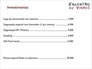 Investimentos

Logo do patrocinador em materiais ...................................................... 7.000

Degustação especial com Sommelier (1 por evento) ...................... 6.500

Degustação VIP / Temática ...................................................................... 9.500

Sampling ....................................................................................................... 6.000

Gift Final evento ........................................................................................ 5.500




Pacote especial Todas as ações/ano ..................................................... 30.000
 