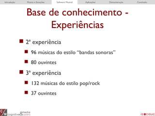 Base de conhecimento -
Experiências
15
 2ª experiência
 96 músicas do estilo “bandas sonoras”
 80 ouvintes
 3ª experiência
 132 músicas do estilo pop/rock
 37 ouvintes
Introdução Música e Emoções Software Musical Aplicações Demonstração Conclusão
 