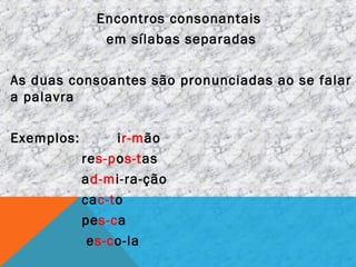 Encontros consonantais
em sílabas separadas
As duas consoantes são pronunciadas ao se falar
a palavra
Exemplos: ir-mão
res-pos-tas
ad-mi-ra-ção
cac-to
pes-ca
es-co-la
 