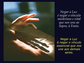 Negar a Luz
é negar o vínculo
misterioso e vital
que nos une ao
Sopro, à Fonte.
Negar a Luz
é negar o vínculo
essencial que nos
une aos demais
seres.
 