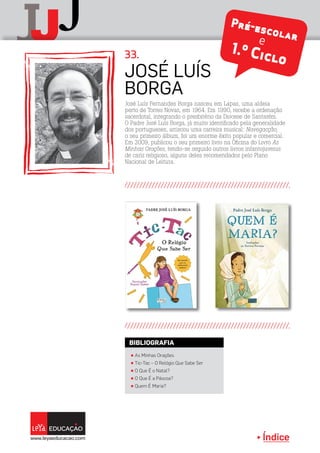 Índice
J
jJ Pré-escolare
1.º Ciclo33.
José Luís Fernandes Borga nasceu em Lapas, uma aldeia
perto de Torres Novas, em 1964. Em 1990, recebe a ordenação
sacerdotal, integrando o presbitério da Diocese de Santarém.
O Padre José Luís Borga, já muito identificado pela generalidade
dos portugueses, arriscou uma carreira musical: Navegacção,
o seu primeiro álbum, foi um enorme êxito popular e comercial.
Em 2009, publicou o seu primeiro livro na Oficina do Livro As
Minhas Orações, tendo-se seguido outros livros infantojuvenis
de cariz religioso, alguns deles recomendados pelo Plano
Nacional de Leitura.
José Luís
Borga
π As Minhas Orações
π Tic-Tac – O Relógio Que Sabe Ser
π O Que É o Natal?
π O Que É a Páscoa?
π Quem É Maria?
BIBLIOGRAFIA
 