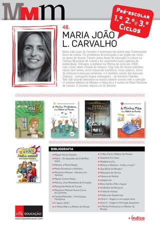 Índice
M mM
Pré-escolar1.º, 2.ºe 3.ºCiclos
π Miguel Nunca Desiste
π Maria - Os Segredos da Irmã Mais
Velha
π Mónica, a Maria-Rapaz
π Maria Atravessa o Atlântico
π Mariana e Manuel - Gémeos em
Sarilhos
π Miguel Contra-Ataca
π Mónica, Uma Montanha de Emoções
π Margarida Muda de Escola
π Mariana e Manuel Numa Curva
do Caminho
π Família Machado - Uma Equipa
Fantástica
π E Agora, Rafa?
π A Minha Mãe é a Melhor do Mundo
π O Meu Pai é o Melhor do Mundo
π Sozinhos Em Casa
π Madalena e Eu
π Mónica e Mariana - Irmãs e rivais?
π Que Bicho te Mordeu?
π Marquesa de Alorna
π Palavra de Mulher
π Adopta-me
π Bons Garfos, Más Línguas
π Acidentes de Percurso
π Virada do Avesso
π Padeira de Aljubarrota
π Hora H - Viagem a um quase reino
π Hora H - Viagem a Portugal pequenino
π A Minha Professora é a Melhor do
Mundo
BIBLIOGRAFIA
Maria João Lopo de Carvalho é licenciada em Letras pela Universidade
Nova de Lisboa. Foi professora de português e de inglês em todos
os graus de ensino. Passou pelas áreas de educação e cultura na
Câmara Municipal de Lisboa e foi copywriter numa agência de
publicidade. Começou a publicar na Oficina do Livro em 2000,
com o best seller «Virada do Avesso». Hoje tem 60 títulos editados,
vários best sellers, entre romances históricos, livros infantis, livros
de crónicas e manuais escolares, e é também autora dos manuais
Salpicos - português língua estrangeira - do Instituto Camões.
Tem tido grande destaque na escrita infanto-juvenil com a colecção
«7 irmãos» «Melhor do Mundo» e «Hora H» e é autora do Plano Nacional
de Leitura. É cronista regular na Sic Mullher.
Maria João
L. Carvalho
48.
Índice
 