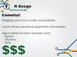 R Design

Comofas?
Delegação para levar e trazer os estudantes

Evento oferece pacotes de alojamento e alimentação

Alguns editais fornecem isenções, como:
	Monitor
	Oficineiro
	SEPA


$$$
 
