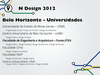 N Design 2012

Belo Horizonte - Universidades
Universidade do Estado de Minas Gerais – UEMG
	 Programação Visual / Projeto de Produto / Design de Ambientes
Centro Universitário de Belo Horizonte – UniBH
	   Design Gráfico / Design de Moda

Faculdade de Engenharia e Arquitetura – Fumec/FEA
	   Design Gráfico / Design de Moda / Design de Interiores / Design de Produto

Faculdade Cimo
	   Design e Negócios da Moda

Faculdade INAP
	   Design de Interiores / Design Gráfico

Centro Universitário UNA
	   Design Gráfico / Design de Interiores / Design de Moda
 