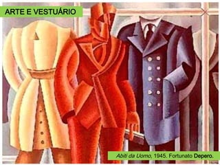 Giacomo Balla (1871 – 1958)
Lê Vêtement masculin futuriste – 1914,
propõe um vestuário dinâmico, colorido,
assimétrico e versátil, a proposta era
estabelecer uma relação direta entre o
vestuário e o corpo, por meio de estru-
turas geométricas e de cores orgânicas.
Traje Futurista c. 1923.
Abiti da Uomo, 1945. Fortunato Depero.
ARTE E VESTUÁRIO
 