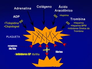 Ticlopidina Clopidogrel Heparina Heparina BPM Inibidores Diretos da Trombina Aspirina receptores IIb/IIIa fibrina PLAQUETA inibidores GP  IIb/IIIa ADP Adrenalina Colágeno Ácido  Aracdônico Trombina 