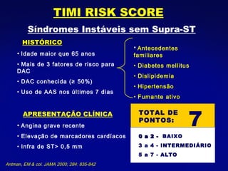 TIMI RISK SCORE HISTÓRICO Idade maior que 65 anos Mais de 3 fatores de risco para DAC DAC conhecida (≥ 50%) Uso de AAS nos últimos 7 dias APRESENTAÇÃO CLÍNICA Angina grave recente Elevação de marcadores cardíacos Infra de ST> 0,5 mm Antecedentes familiares Diabetes mellitus Dislipidemia Hipertensão Fumante ativo 0 a 2 -  BAIXO  3 a 4 - INTERMEDIÁRIO 5 a 7 - ALTO Antman, EM  &  col. JAMA 2000; 284: 835-842  Síndromes Instáveis sem Supra-ST 7 TOTAL DE PONTOS: 