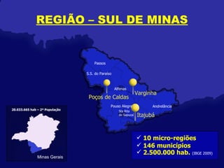 REGIÃO – SUL DE MINAS 10 micro-regiões 146 municípios 2.500.000 hab.   (IBGE 2009) Itajubá Varginha Andrelância Pouso Alegre Passos Alfenas Sta Rita  do Sapucaí S.S. do Paraíso São lourenço Poços de Caldas Minas Gerais 20.033.665 hab – 2º População 