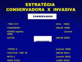 CONSERVADOR TIMI III B    (Circ.  1994) VANQWISH (NEJM 1998) OASIS registry (Lancet 1998) ICTUS (NEJM 2005) INVASIVO FRISC II (Lancet 1999) TACTICS, TIMI 18 (NEJM 2001) RITA 3 (Lancet 2002) ISAR COOL (JAMA 2003) ESTRATÉGIA  CONSERVADORA  X  INVASIVA 