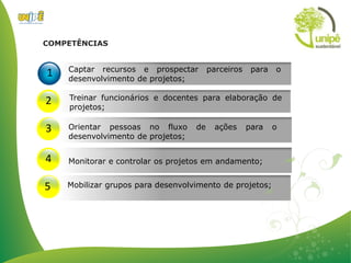 COMPETÊNCIAS


    Captar recursos e prospectar        parceiros    para   o
1   desenvolvimento de projetos;

2   Treinar funcionários e docentes para elaboração de
    projetos;

3   Orientar pessoas no fluxo      de     ações     para    o
    desenvolvimento de projetos;

4   Monitorar e controlar os projetos em andamento;


5   Mobilizar grupos para desenvolvimento de projetos;
 