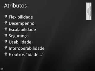 AtributosFlexibilidadeDesempenhoEscalabilidadeSegurançaUsabilidadeInteroperabilidadeE outros “idade...”