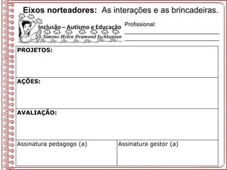 Eixos norteadores: As interações e as brincadeiras.
PROJETOS:
AÇÕES:
AVALIAÇÃO:
Assinatura pedagogo (a) Assinatura gestor (a)
Profissional:
______________________________
______________________________
 