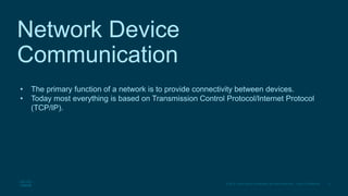 3
© 2016 Cisco and/or its affiliates. All rights reserved. Cisco Confidential
Network Device
Communication
• The primary function of a network is to provide connectivity between devices.
• Today most everything is based on Transmission Control Protocol/Internet Protocol
(TCP/IP).
 