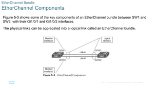 17
© 2016 Cisco and/or its affiliates. All rights reserved. Cisco Confidential
EtherChannel Bundle
EtherChannel Components
Figure 5-3 shows some of the key components of an EtherChannel bundle between SW1 and
SW2, with their Gi1/0/1 and Gi1/0/2 interfaces.
The physical links can be aggregated into a logical link called an EtherChannel bundle.
 