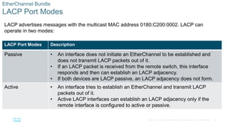 22
© 2016 Cisco and/or its affiliates. All rights reserved. Cisco Confidential
EtherChannel Bundle
LACP Port Modes
LACP advertises messages with the multicast MAC address 0180:C200:0002. LACP can
operate in two modes:
LACP Port Modes Description
Passive • An interface does not initiate an EtherChannel to be established and
does not transmit LACP packets out of it.
• If an LACP packet is received from the remote switch, this interface
responds and then can establish an LACP adjacency.
• If both devices are LACP passive, an LACP adjacency does not form.
Active • An interface tries to establish an EtherChannel and transmit LACP
packets out of it.
• Active LACP interfaces can establish an LACP adjacency only if the
remote interface is configured to active or passive.
 