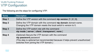 7
© 2016 Cisco and/or its affiliates. All rights reserved. Cisco Confidential
VLAN Trunking Protocol
VTP Configuration
The following are the steps for configuring VTP:
Terms Description
Step 1 Define the VTP version with the command vtp version {1 | 2 | 3}.
Step 2 Define the VTP domain with the command vtp domain domain-name.
Changing the VTP domain resets the local switch’s version to 0.
Step 3 Define the VTP switch role with the command
vtp mode { server | client | transparent | none }
Step 4 (Optional) Secure the VTP domain with the command
vtp password password
(This step is optional but recommended because it helps prevent unauthorized
switches from joining the VTP domain.)
 