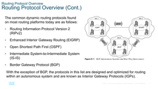 5
© 2016 Cisco and/or its affiliates. All rights reserved. Cisco Confidential
Routing Protocol Overview
Routing Protocol Overview (Cont.)
The common dynamic routing protocols found
on most routing platforms today are as follows:
• Routing Information Protocol Version 2
(RIPv2)
• Enhanced Interior Gateway Routing (EIGRP)
• Open Shortest Path First (OSPF)
• Intermediate System-to-Intermediate System
(IS-IS)
• Border Gateway Protocol (BGP)
With the exception of BGP, the protocols in this list are designed and optimized for routing
within an autonomous system and are known as Interior Gateway Protocols (IGPs).
 