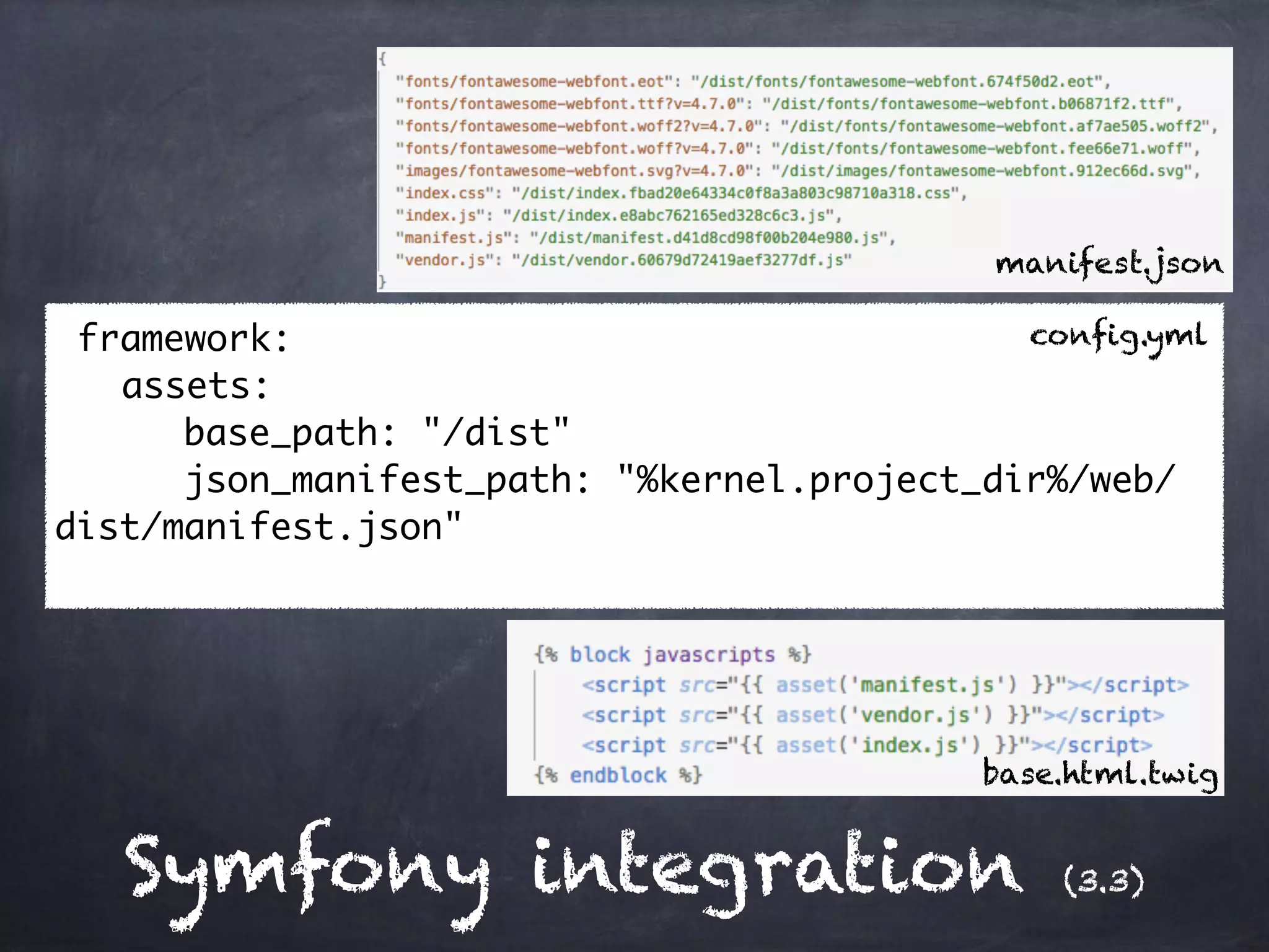 Symfony integration (3.3)
framework:
assets:
base_path: "/dist"
json_manifest_path: "%kernel.project_dir%/web/
dist/manifest.json"
manifest.json
base.html.twig
config.yml
 