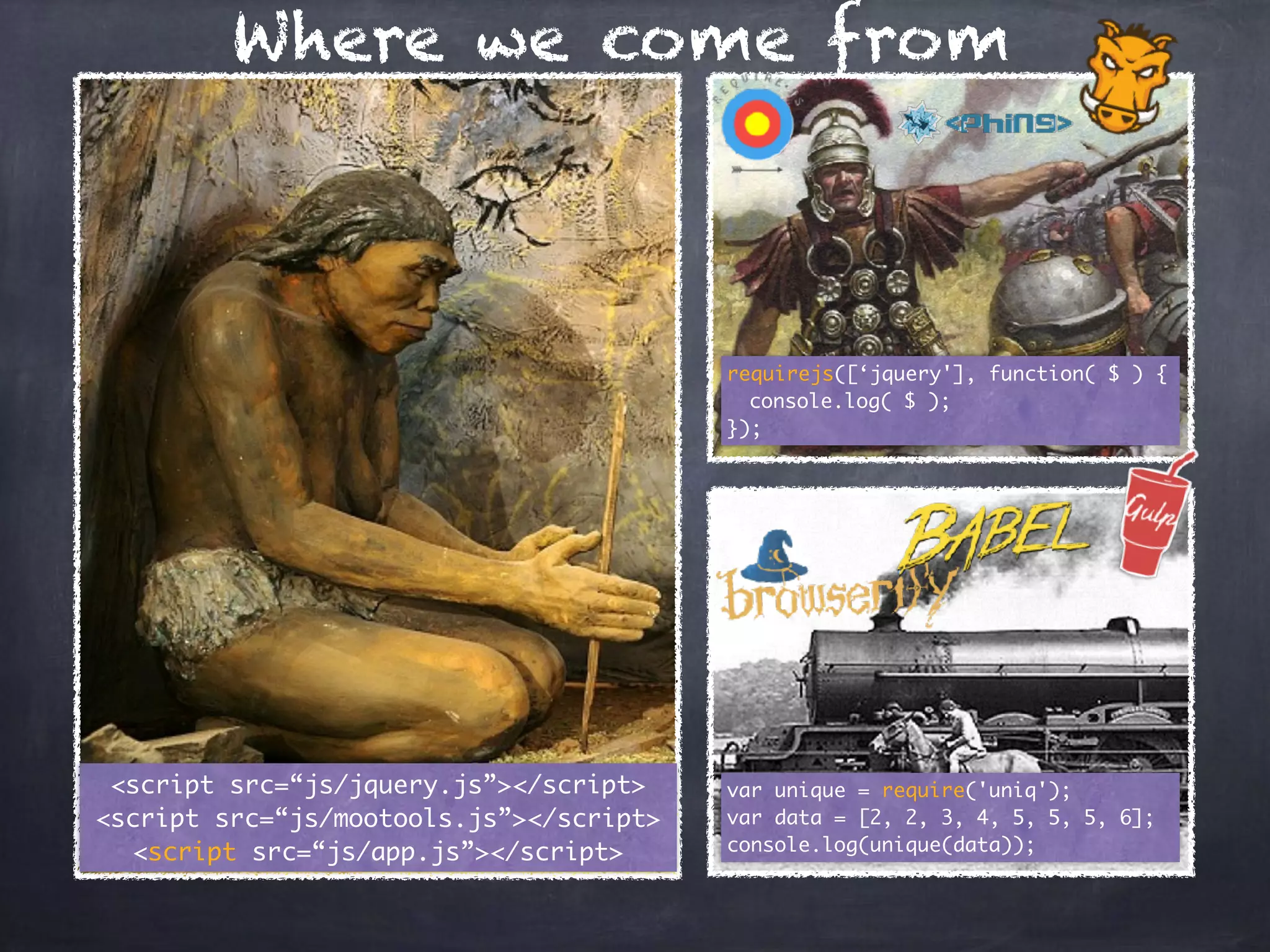 Where we come from
<script src=“js/jquery.js”></script> 
<script src=“js/mootools.js”></script> 
<script src=“js/app.js”></script>
requirejs([‘jquery'], function( $ ) {
console.log( $ );
});
var unique = require('uniq');
var data = [2, 2, 3, 4, 5, 5, 5, 6];
console.log(unique(data));
 