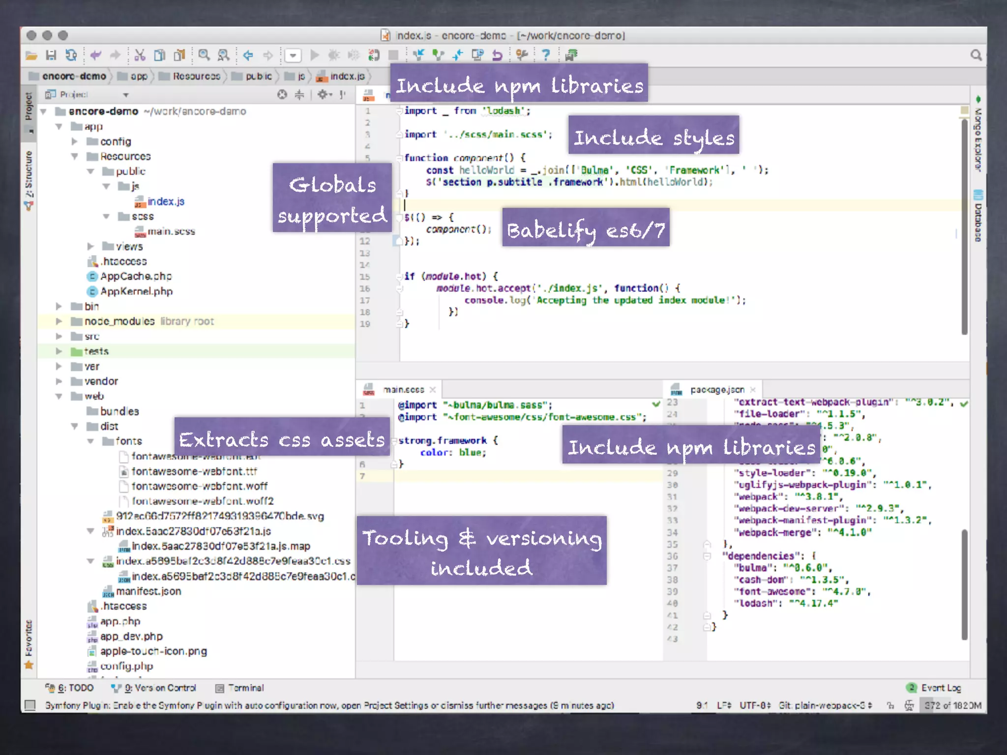 Include npm libraries
Babelify es6/7
Globals  
supported
Include styles
Include npm librariesExtracts css assets
Tooling & versioning 
included
 