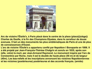Arc de victoire l'Étoile's, à Paris placé dans le centre de la place (place)((siège)) Charles de Gaulle, à la fin des Champions Elysées, dans le carrefour de douze avenues. C'est un des monuments les plus emblématiques de Paris et une de plus de connaissances d'Ouest.  L'arc de victoire l'Étoile's a appartenu confié par Napoléon I Bonaparte en 1806. Il a été projeté par Jean-François-Thérèse Chalgrin et conclu en 1835, après son (elle, votre) la mort, par Jean-Armand Raymond. Le monument inspire par l'arc de Constantino par Rome, mais il est le double de haute place (50 m) et de largeur (45m). Les bas-reliefs et les inscriptions annoncent les victoires Napoléoniennes et les victoires (postérieures) postérieures et des accords français. (amido) 