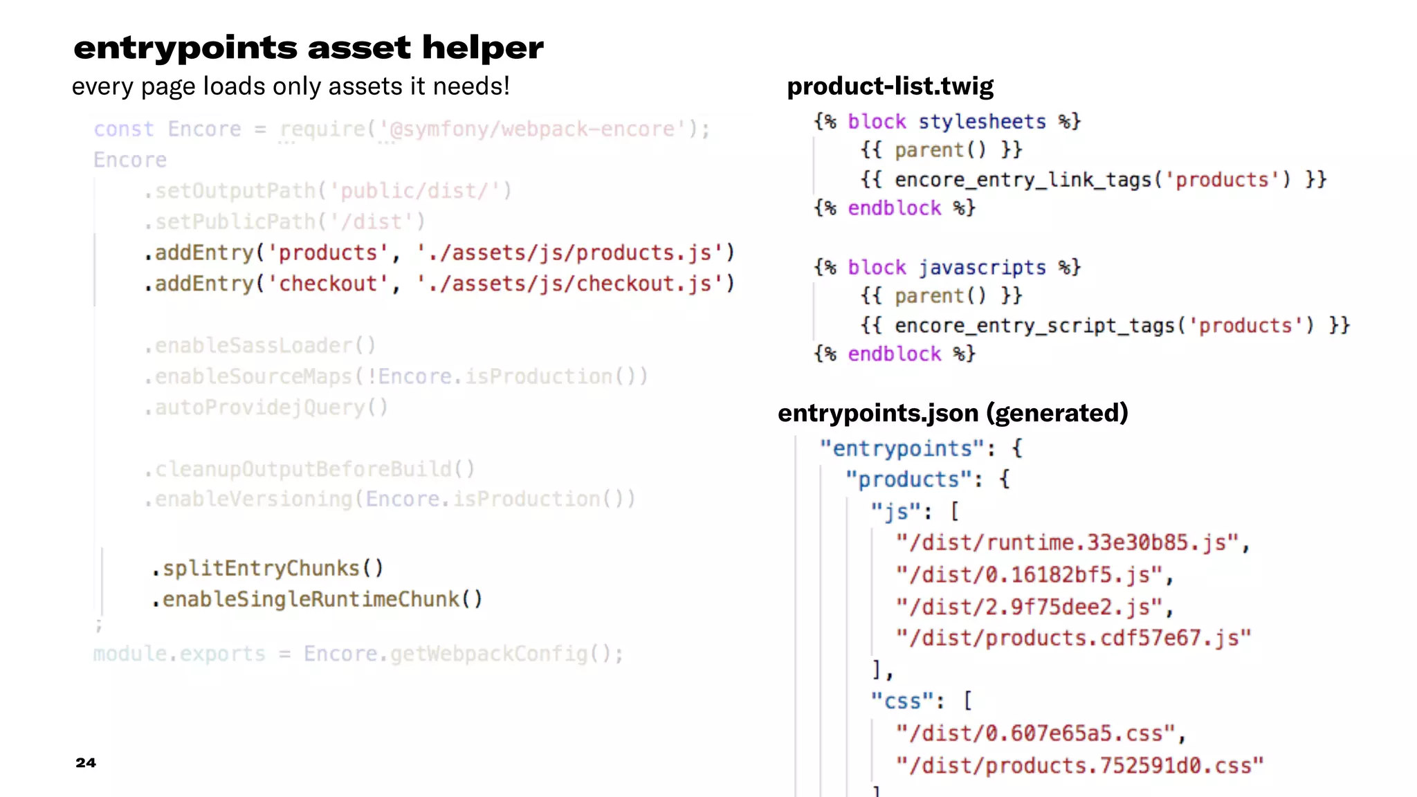 24
entrypoints asset helper
product-list.twig
entrypoints.json (generated)
every page loads only assets it needs!
 