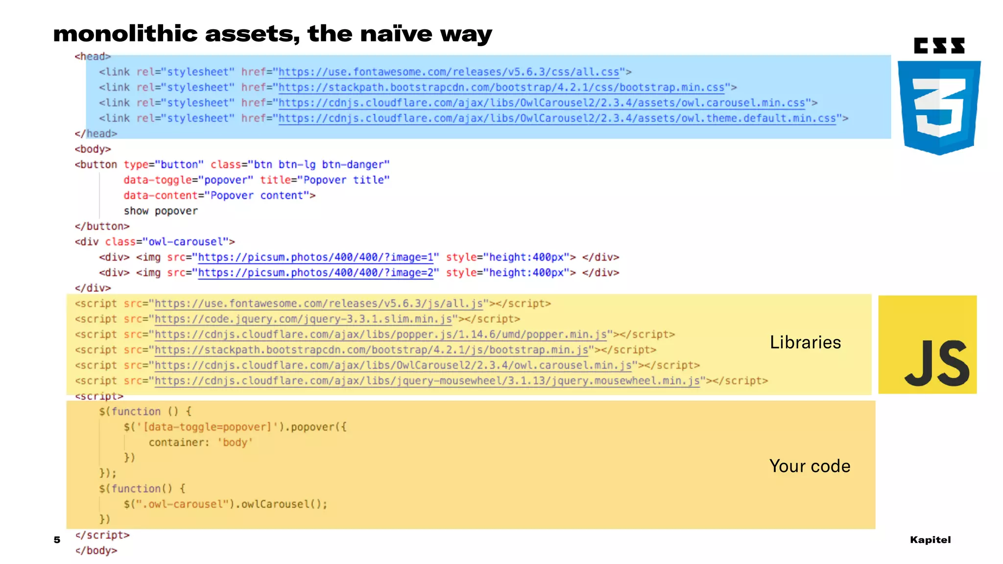 Projekttitel             30. Juni 2017 Kapitel5
monolithic assets, the naïve way
Your code
Libraries
 