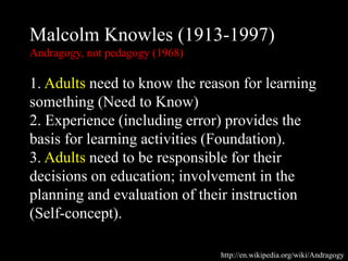 Malcolm Knowles (1913-1997)
Andragogy, not pedagogy (1968)
1. Adults need to know the reason for learning
something (Need to Know)
2. Experience (including error) provides the
basis for learning activities (Foundation).
3. Adults need to be responsible for their
decisions on education; involvement in the
planning and evaluation of their instruction
(Self-concept).
http://en.wikipedia.org/wiki/Andragogy
 