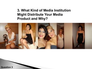 Mise en Scene…The costumes in the images I took previously were very out going, dress and heel outfits. Whereas my newer updated photos are different to normal photos. Loads of jewellery, patterned tights and a baggy jumper. The outfit in the picture (left) is different and not an every day outfit, people wouldn’t even wear it over the weekend. It’s just different but it fits in well with the theme of my magazine.The lighting worked well in nearly all of the pictures apart from the ones that were taken outside. Some of them images went blurry and dark, I think that’s because the flash on the camera re-bounded off of cars and other things to make the images come out dark. Some of them went blurry because of the rain kept hitting the lenses on the camera but at the time I didn’t realise. The sort of poses I asked my model to do were poses I had remembered I had seen in previous magazines. Or we were just creative with it and did what we thought would look good enough to appear in a magazine.My models make-up was different, very in your face- dark eyes, red lips but it wasn’t too over the top. It’s the sort of make-up that some people do wear out. So they wouldn’t look at it thinking it was weird.There wasn’t any major props used only jewellery being held or a jewellery bag & box.Original&EditedQuestion 1