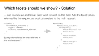 Which facets should we show? - Solution
... and execute an additional, prior facet request on this ﬁeld. Add the facet values
returned by this request as facet parameters to the main request:
"facet": {
"facettable_fields": {
"type": "terms",
"field": "facettable_fields"
}
}
(query/ﬁlter queries are the same like in
the ‘main request’)
"facets":{
"facettable_fields":{
"buckets":[{
"val":"screenSize",
"count":12},
{
"val":"ramGB",
"count":4},
{
"val":"height",
"count":3},
]
}
}
 