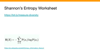 Shannon’s Entropy Worksheet
https://bit.ly/measure-diversity
(https://en.wikipedia.org/wiki/Entropy_(information_theory))
 