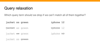 Query relaxation
Which query term should we drop if we can’t match all of them together?
jacket xs green
jacket xs green
jacket xs green
jacket xs green
iphone 12
iphone 12
iphone 12
 