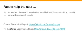 Facets help the user ...
● understand the search results (see ‘what is there’, learn about the domain)
● narrow down search results
Chorus Electronics Project: https://github.com/querqy/chorus
Try the Demo Ecommerce Shop: http://chorus.dev.o19s.com:4000/
 