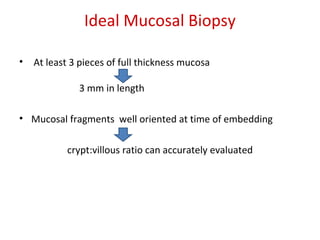 Ideal Mucosal Biopsy
•

At least 3 pieces of full thickness mucosa
3 mm in length

• Mucosal fragments well oriented at time of embedding
crypt:villous ratio can accurately evaluated

 