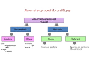 Abnormal esophageal Mucosal Biopsy
Abnormal esophageal
mucosa
Non neoplastic

Infections
ViralHerpes simplex
CMV
FungalCandida

Others
Corrosive
- lye
Reflux

Neoplastic

Benign

Squamous papilloma

Malignant

Squamous cell carcinoma
Adenocarcinoma

 