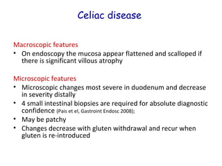 Celiac disease
Macroscopic features
• On endoscopy the mucosa appear flattened and scalloped if
there is significant villous atrophy
Microscopic features
• Microscopic changes most severe in duodenum and decrease
in severity distally
• 4 small intestinal biopsies are required for absolute diagnostic
confidence (Pais et el, Gastroint Endosc 2008);
• May be patchy
• Changes decrease with gluten withdrawal and recur when
gluten is re-introduced

 