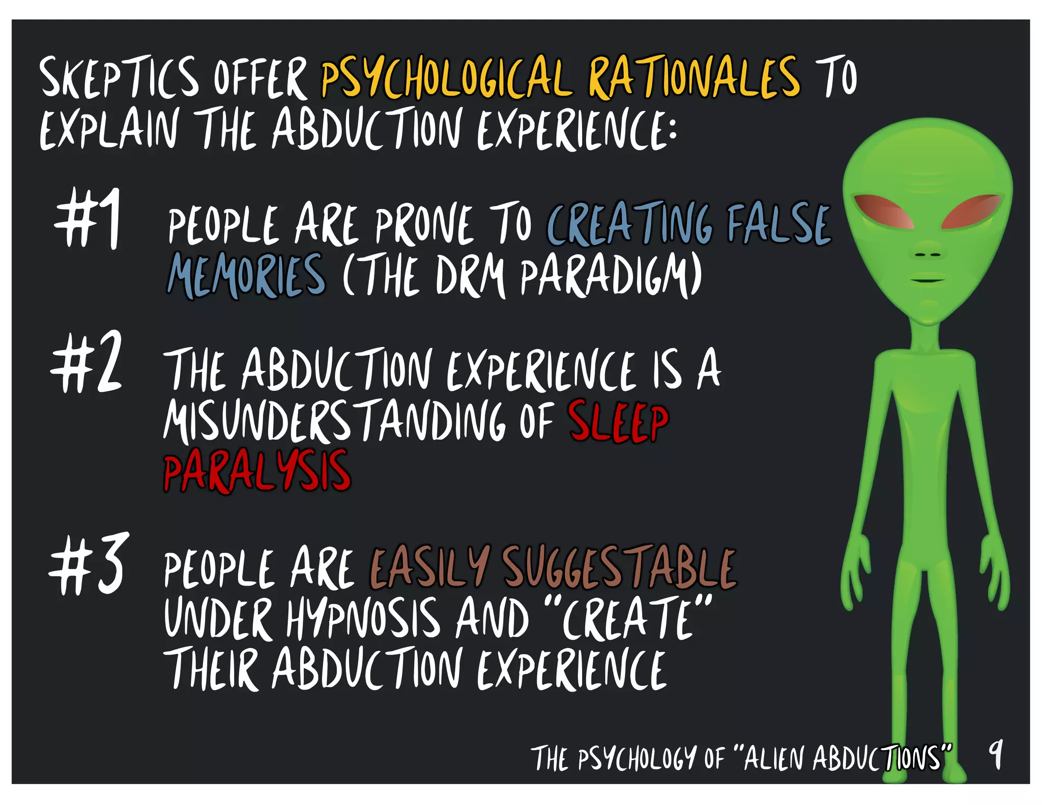 9THE PSYCHOLOGY OF “ALIEN ABDUCTIONS”
#1
#2
#3
PEOPLE ARE PRONE TO CREATING FALSE
MEMORIES (THE DRM PARADIGM)
THE ABDUCTION EXPERIENCE IS A
MISUNDERSTANDING OF SLEEP
PARALYSIS
PEOPLE ARE EASILY SUGGESTABLE
UNDER HYPNOSIS AND “CREATE”
THEIR ABDUCTION EXPERIENCE
SKEPTICS OFFER PSYCHOLOGICAL RATIONALES TO
EXPLAIN THE ABDUCTION EXPERIENCE:
 