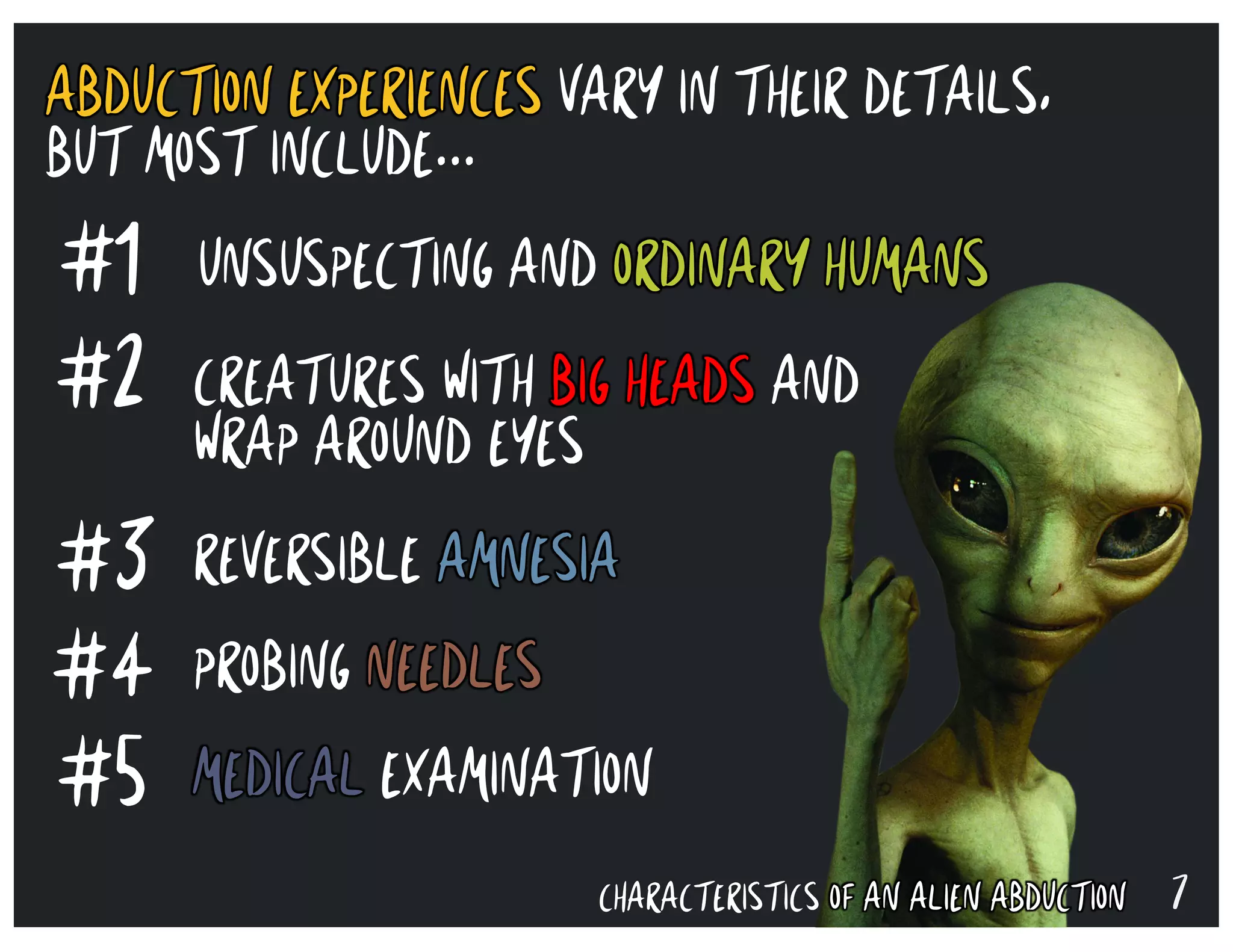 7CHARACTERISTICS OF AN ALIEN ABDUCTION
ABDUCTION EXPERIENCES VARY IN THEIR DETAILS,
BUT MOST INCLUDE...
#1
#2
#3
UNSUSPECTING AND ORDINARY HUMANS
CREATURES WITH BIG HEADS AND
WRAP AROUND EYES
REVERSIBLE AMNESIA
#4 PROBING NEEDLES
#5 MEDICAL EXAMINATION
 