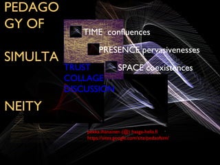 PEDAGO
GY OF         TIME confluences
                    PRESENCE pervasivenesses
SIMULTA
          TRUST      SPACE coexistences
          COLLAGE
          DISCUSSION

NEITY
               pekka.ihanainen (@) haaga-helia.fi
               https://sites.google.com/site/pedaofsim/
 