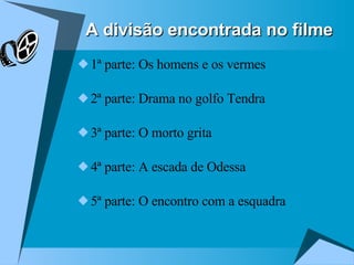 A divisão encontrada no filme 1ª parte: Os homens e os vermes 2ª parte: Drama no golfo Tendra 3ª parte: O morto grita 4ª parte: A escada de Odessa 5ª parte: O encontro com a esquadra 