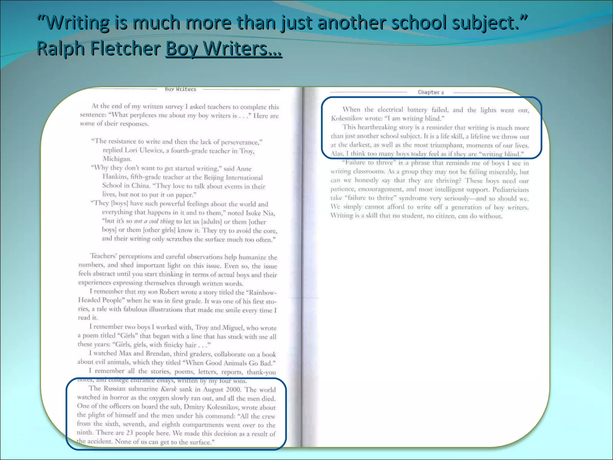“ Writing is much more than just another school subject.” Ralph Fletcher  Boy Writers… 