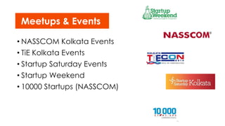 Meetups & Events 
• NASSCOM Kolkata Events 
• TiE Kolkata Events 
• Startup Saturday Events 
• Startup Weekend 
• 10000 Startups (NASSCOM) 
 