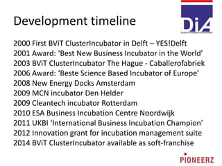 Development timeline
2000 First BViT ClusterIncubator in Delft – YES!Delft
2001 Award: ‘Best New Business Incubator in the World’
2003 BViT ClusterIncubator The Hague - Caballerofabriek
2006 Award: ‘Beste Science Based Incubator of Europe’
2008 New Energy Docks Amsterdam
2009 MCN incubator Den Helder
2009 Cleantech incubator Rotterdam
2010 ESA Business Incubation Centre Noordwijk
2011 UKBI ‘International Business Incubation Champion’
2012 Innovation grant for incubation management suite
2014 BViT ClusterIncubator available as soft-franchise
 