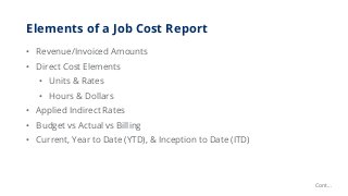 Elements of a Job Cost Report
• Revenue/Invoiced Amounts
• Direct Cost Elements
• Units & Rates
• Hours & Dollars
• Applie...