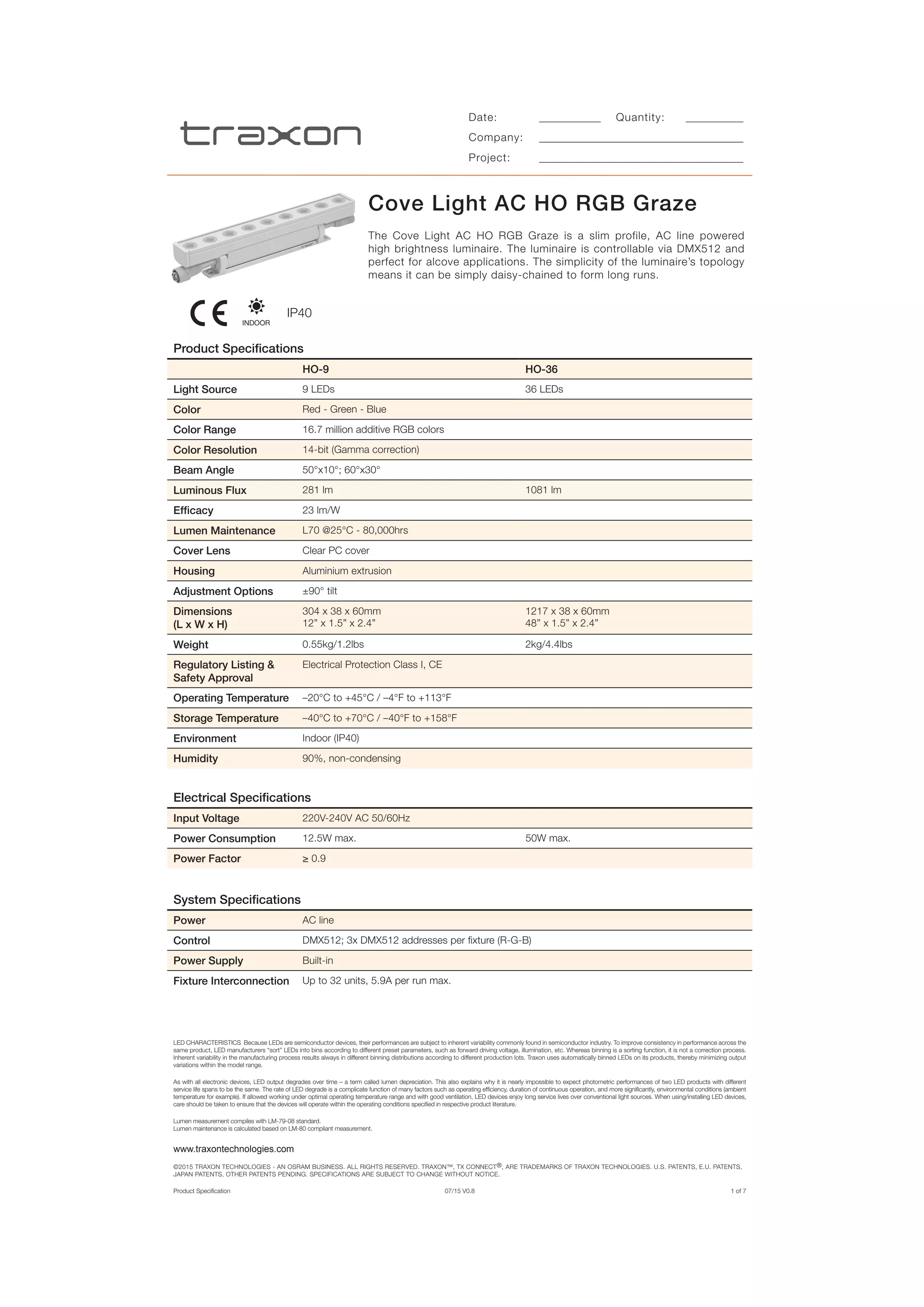 Traxon Cove Light AC HO RGB Graze Specification | PDF