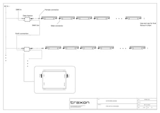 TITLE:
System Wiring Diagram
DATE : 18 May 2015
DWG. BY :
Please check for the latest updates and changes on the TRAXON website.
© 2015, TRAXON TECHNOLOGIES. ALL RIGHTS RESERVED.
WWW.TRAXONTECHNOLOGIES.COM
PRODUCTS:
COVE LIGHT AC HO RGB Graze
SCALE : NOT TO SCALE
PAGE : 1 of 1 VER : 0.1
Data Injector
AC In ~
DMX In
DMX Out
RJ45 connection
Female connector
Male connector
Use end cap for final
fixture in chain
TOFIXTURE
ACINDATAIN
DATAOUT
 