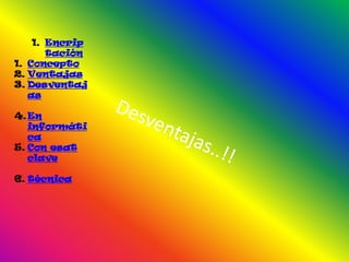 1. Encrip
       tación
1. Concepto
2. Ventajas
3. Desventaj
   as

4. En
   informáti
   ca
5. Con esat
   clave

6. técnica
 
