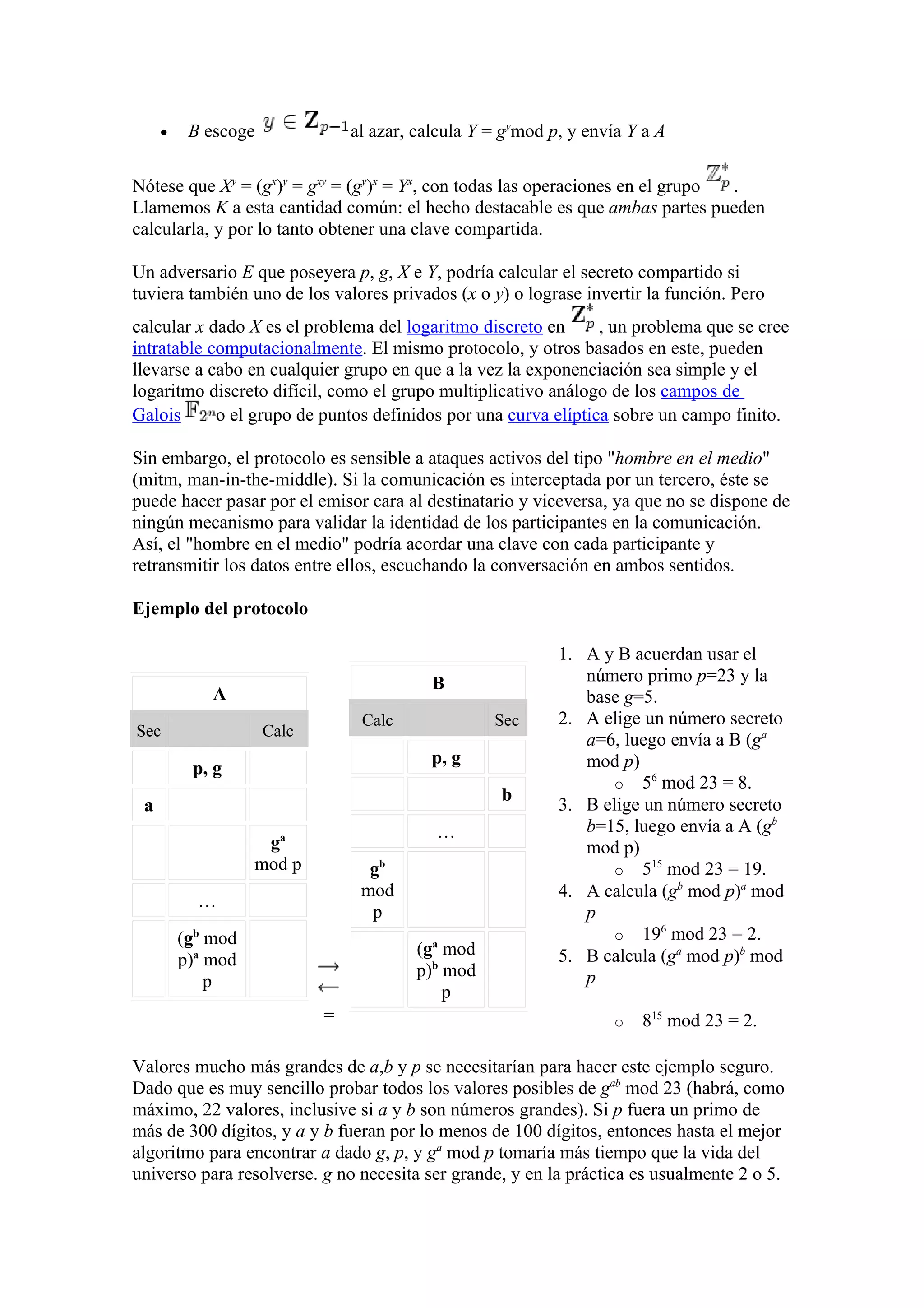 •    B escoge              al azar, calcula Y = gymod p, y envía Y a A

Nótese que Xy = (gx)y = gxy = (gy)x = Yx, con todas las operaciones en el grupo .
Llamemos K a esta cantidad común: el hecho destacable es que ambas partes pueden
calcularla, y por lo tanto obtener una clave compartida.

Un adversario E que poseyera p, g, X e Y, podría calcular el secreto compartido si
tuviera también uno de los valores privados (x o y) o lograse invertir la función. Pero
calcular x dado X es el problema del logaritmo discreto en      , un problema que se cree
intratable computacionalmente. El mismo protocolo, y otros basados en este, pueden
llevarse a cabo en cualquier grupo en que a la vez la exponenciación sea simple y el
logaritmo discreto difícil, como el grupo multiplicativo análogo de los campos de
Galois      o el grupo de puntos definidos por una curva elíptica sobre un campo finito.

Sin embargo, el protocolo es sensible a ataques activos del tipo "hombre en el medio"
(mitm, man-in-the-middle). Si la comunicación es interceptada por un tercero, éste se
puede hacer pasar por el emisor cara al destinatario y viceversa, ya que no se dispone de
ningún mecanismo para validar la identidad de los participantes en la comunicación.
Así, el "hombre en el medio" podría acordar una clave con cada participante y
retransmitir los datos entre ellos, escuchando la conversación en ambos sentidos.

Ejemplo del protocolo

                                                            1. A y B acuerdan usar el
                                           B                   número primo p=23 y la
             A                                                 base g=5.
                                 Calc              Sec      2. A elige un número secreto
Sec                  Calc
                                                               a=6, luego envía a B (ga
                                           p, g                mod p)
          p, g
                                                                   o 56 mod 23 = 8.
                                                    b
 a                                                          3. B elige un número secreto
                                           …                   b=15, luego envía a A (gb
                    ga                                         mod p)
                   mod p          gb                               o 515 mod 23 = 19.
                                 mod                        4. A calcula (gb mod p)a mod
           …
                                  p                            p
         (gb mod                                                   o 196 mod 23 = 2.
                                         (ga mod            5. B calcula (ga mod p)b mod
         p)a mod
                                         p)b mod               p
             p
                                             p
                            =                                       o   815 mod 23 = 2.

Valores mucho más grandes de a,b y p se necesitarían para hacer este ejemplo seguro.
Dado que es muy sencillo probar todos los valores posibles de gab mod 23 (habrá, como
máximo, 22 valores, inclusive si a y b son números grandes). Si p fuera un primo de
más de 300 dígitos, y a y b fueran por lo menos de 100 dígitos, entonces hasta el mejor
algoritmo para encontrar a dado g, p, y ga mod p tomaría más tiempo que la vida del
universo para resolverse. g no necesita ser grande, y en la práctica es usualmente 2 o 5.
 